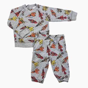 Ensemble pull et jogger en coton gris chiné à imprimé fusées 18M