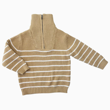 Pull 'chunky knit' demi-zip en tricot de coton miel à rayures crèmes 3-4Y