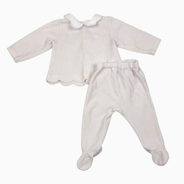Ensemble en velours rose pâle pull à col pétale et pantalon à pied 12M