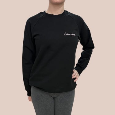 Pull noir en coton bio et élastane avec broderie 'La mère' pour femmes XS