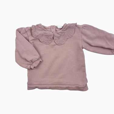 Pull rose pâle en coton french terry à col brodé 1.5-2Y
