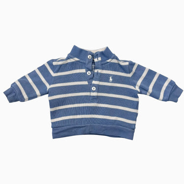 Chandail bleu en tricot de coton à col polo et à rayures blanches 3M