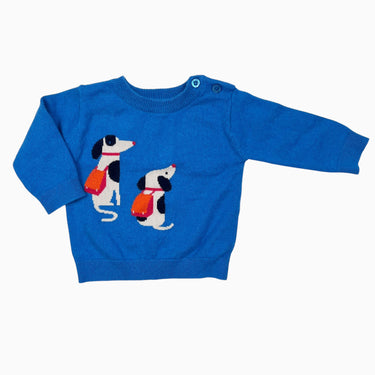 Pull bleu océan en tricot de coton et laine à motif chiens 6M (fit 3M)