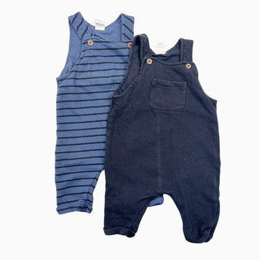 Duo de salopettes en coton marine et bleu à rayures 4-6M