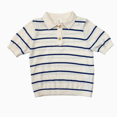 Pull crème à manches courtes à col chemise en tricot de coton à rayures bleues 9-12M
