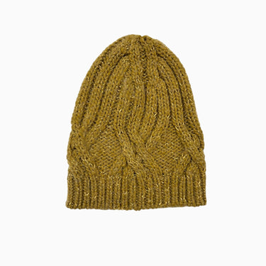 Tuque ocre en tricot torsadé d'acrylique, laine et poly et fil métallique KID (fit 3-6Y)