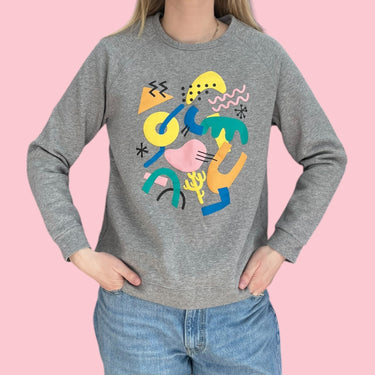 Pull gris chiné en coton ouaté bio à imprimé ludique pour femmes S