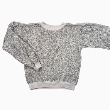 Pull en ratine de coton et poly recyclé à imprimé petits pois sarcelles et imprimé floral jaunes 6Y