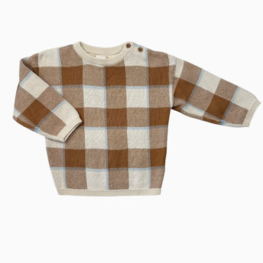 Pull en tricot de coton à carreaux crème, noisettes et bleu ciel 9-12M