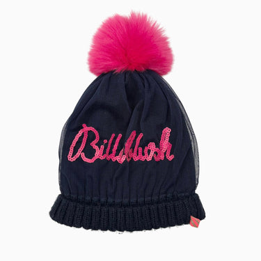 Tuque marine en tricot d'acrylique avec pompon rose et paillettes T2 (5-8Y)