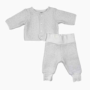Ensemble jogging, cardigan, bonnet blanc a pois multicolores 1m