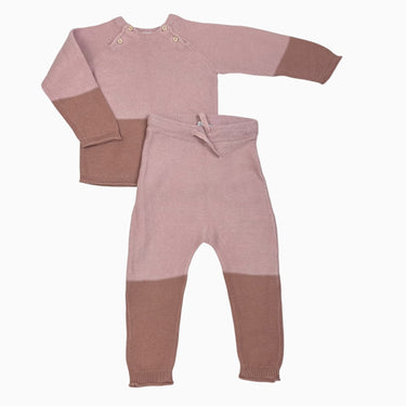 Ensemble pull et pantalon rose et latté en tricot de coton bio 9-12M