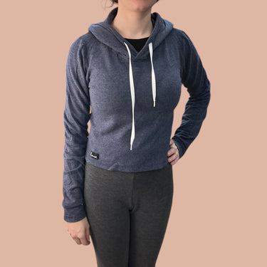 Pull à capuchon 'cropped' bleu chiné en rayonne de bambou, coton et spandex pour femmes XS