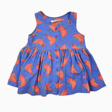 Robe vintage en coton et polyester bleu à imprimé oiseaux rouges 18M