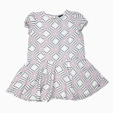 Robe blanche en viscose et poly à pois marines et rouges 4Y