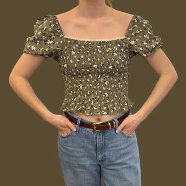 Haut vert moss à smock en viscose et à imprimé floral pour femmes S