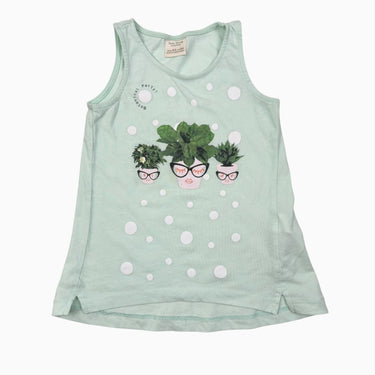 Camisole en coton et polyester vert d’eau a imprimé pot de fleur 3-4Y