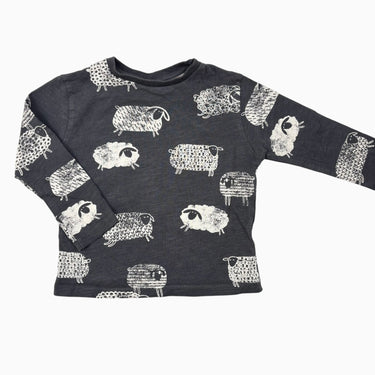 T-shirt manche longue en coton et elestane gris acier a imprimé mouton 9-12M