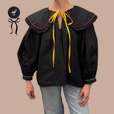 Tunique à col large noire avec bordure colorée en coton pour femmes M