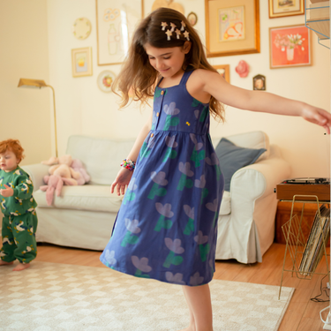 Robe bleue maxi en viscose et lin 'tulipes' 8-9Y