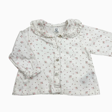 Robe à col claudine blanche 'fleurs roses' 6-9M