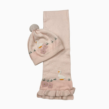Tuque et foulard rose 'canard' en tricot coton-laine 12M