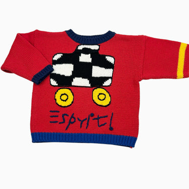Pull rouge à damiers 'voiture' en tricot vintage 3Y
